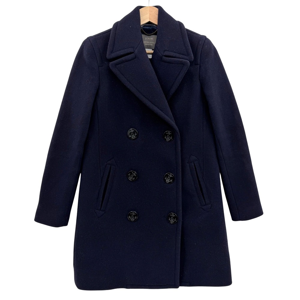 Vintage J. Crew Womens Pea Coat 00‎ Navy Blue Double Breasted Stadium Cloth